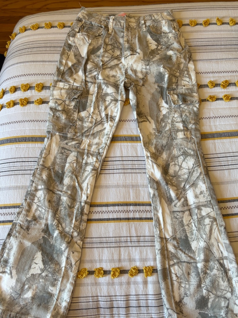Girls Neutral Gray Camo Cargo Flare Jeans